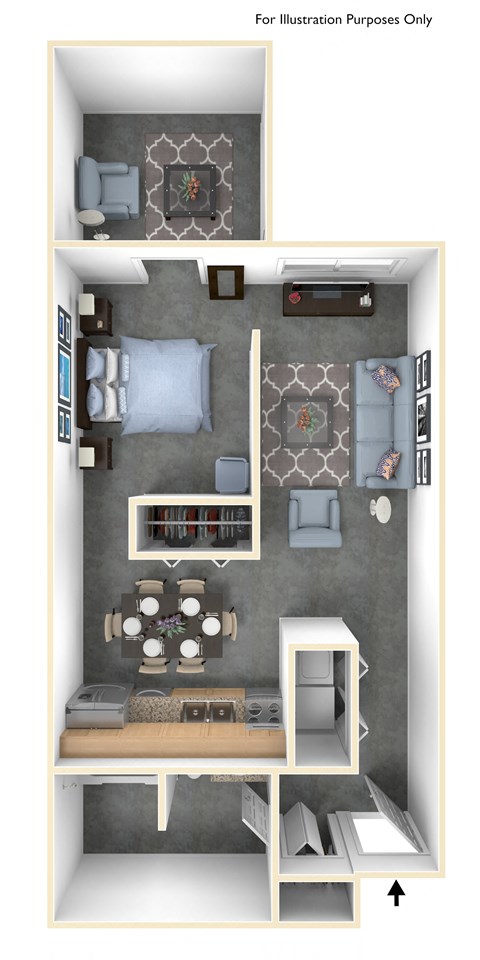 a stylized floor plan of a studio apartment
